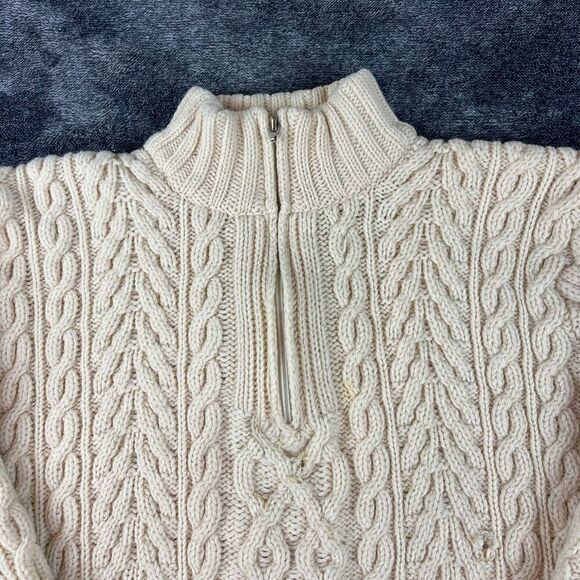 Aran Crafts 100% Wool Cable Chunky Knit 1/4 Zip Sweater Mock Neck Cream L *Read - Picture 2 of 15